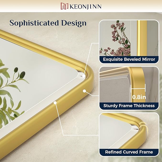 Keonjinn Gold Pivot Mirror Bathroom, 20x24 In Beveled Tilt Mirror Bathroom, Brushed Gold Modern Rectangular Metal Framed Mirrors, Rounded Corner Rectangular Vanity Mirrors for Wall,Horizontal/Vertical