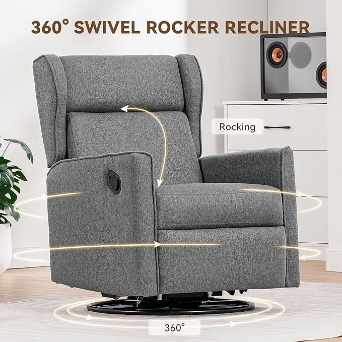 COMHOMA Rocking Recliner Chair,Swivel Glider Reclining Single Sofa Manual Rocker Recliners,Nursery Rocking Chairs with Upholstered Seating for Living Room Office(Gray)
