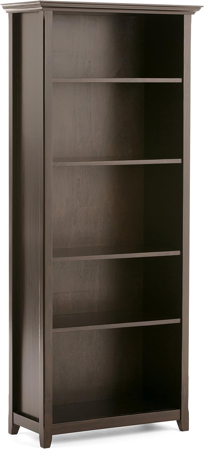 SIMPLIHOME Amherst Bookcase - 70 inch Tall 5-Shelf Solid Wood Bookshelf in Hickory Brown, Transitional Storage for Living Room, Study Room or Office with Adjustable Shelves and Tapered Legs