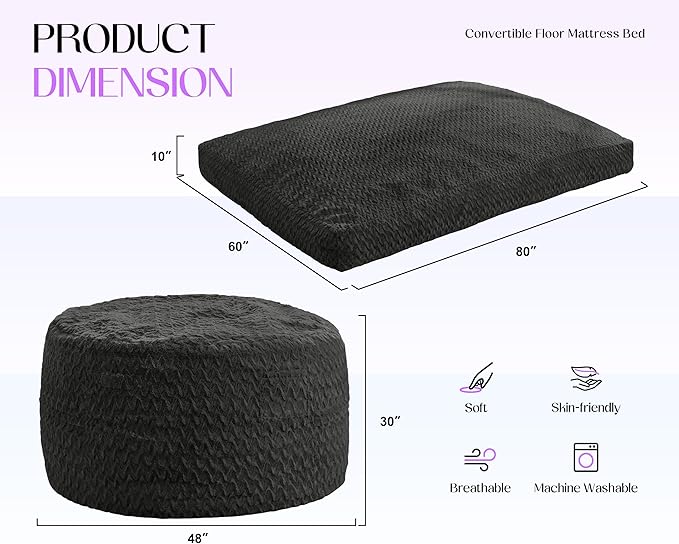 Hobestluk Bean Bag Chair Convertible Beanbag Chairs for Adults, 3 in 1 Bean Bags with Plush Chevron Cover, Adult Bean Bag Chair for Living Room, Bedroom (Black, Queen)
