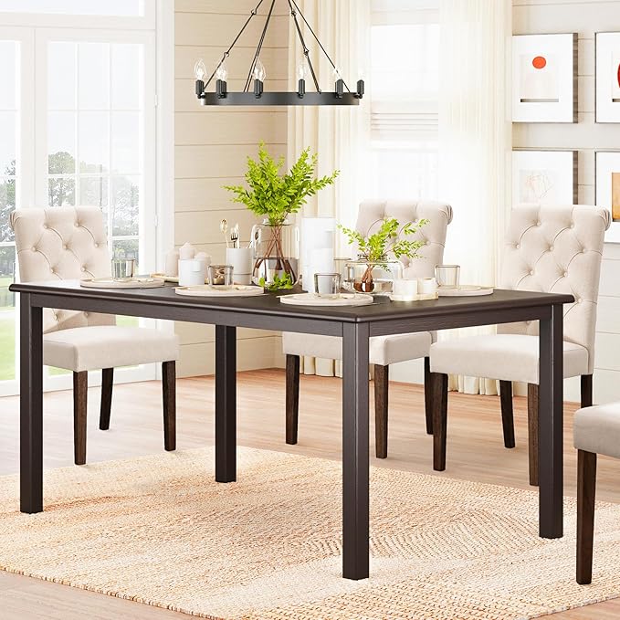 COLAMY 5-Piece Dining Table Set for 4, 60" Rectangular Farmhouse Kitchen Wood Table with 4 Tufted Dining Room Chairs, Brown/Beige