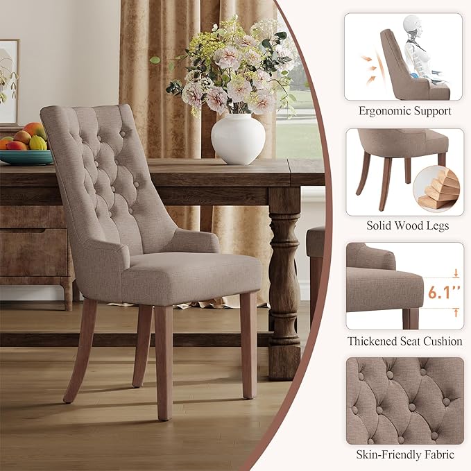 COLAMY Wingback Upholstered Side Dining Room Chairs Set of 4, Fabric Dining Chairs with Tufted Button, Living Room Chairs for Home Kitchen, Taupe