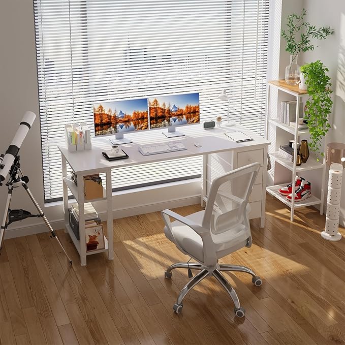 Lufeiya White Computer Desk with Fabric Drawers & Storage Shelves, 63 Inch Study Work Writing Desk for Home Office Bedroom, Simple Modern Cute PC Desks Table, White