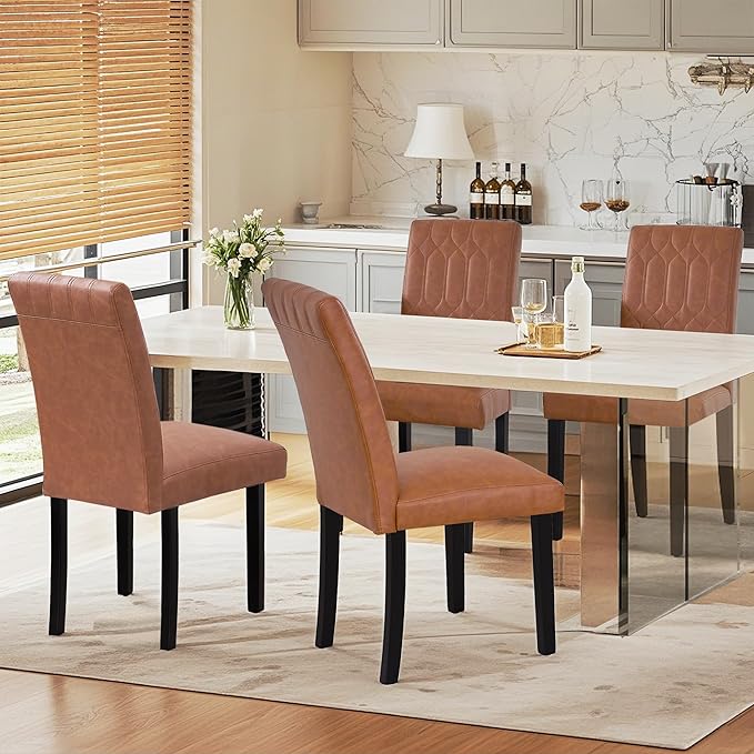 VECELO Upholstered Dining Chairs Set of 4, Modern PU Leather Accent Parsons, Solid Wood Legs w/Rubber Footpads, for Living Room Kitchen, Brown