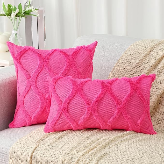 decorUhome Throw Pillow Covers 22x22 Inch Set of 2, Soft Plush Faux Fur Wool Hot Pink Couch Pillow Covers, Decorative Neutral Pillow Cases for Bed Sofa Living Room Home Decor