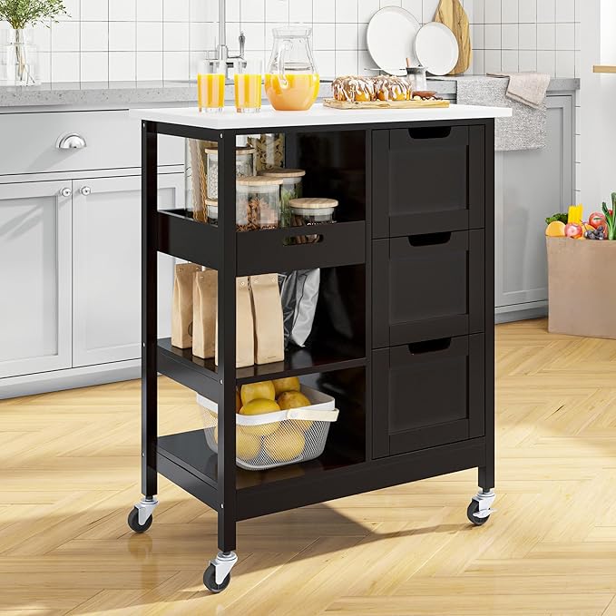 YITAHOME Small Solid Wood Top Kitchen Island Cart on Wheels with Storage, Rolling Portable Dining Room Serving Utility Carts Mobile Movable with 3 Drawers Cabinet, Dark Brown