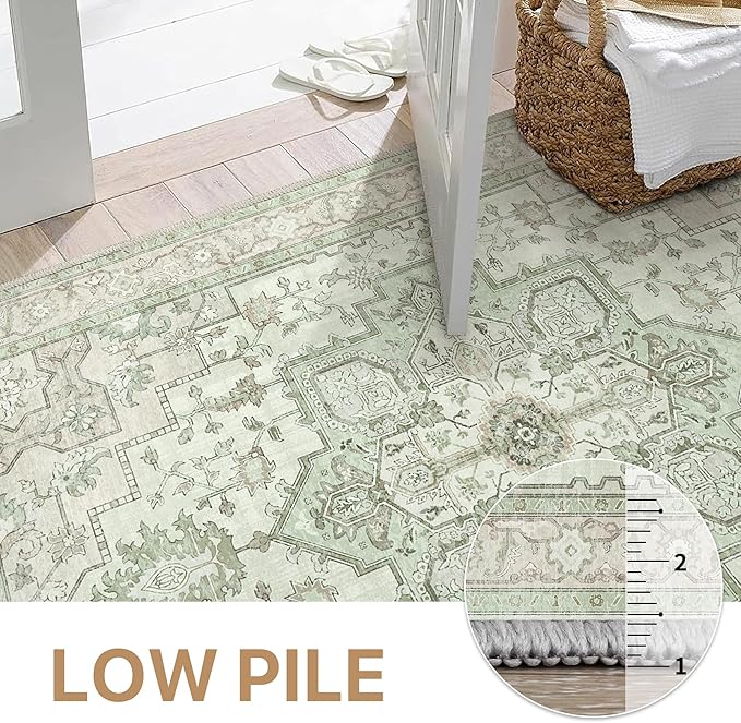 GENIMO 6x9 Area Rugs for Living Room, Machine Washable Non Slip Vintage Rugs, Low Pile Lightweight Chenille Print Rug for Bedroom, Dining Room, Home Office, Oat Light