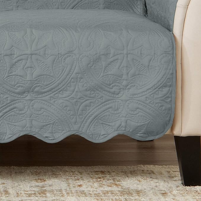 Medallion Stitched Solid Furniture Protector Stain Resistant Durable Furniture Protector Elenor Collection (Chair, Mirage Gray/Flax)