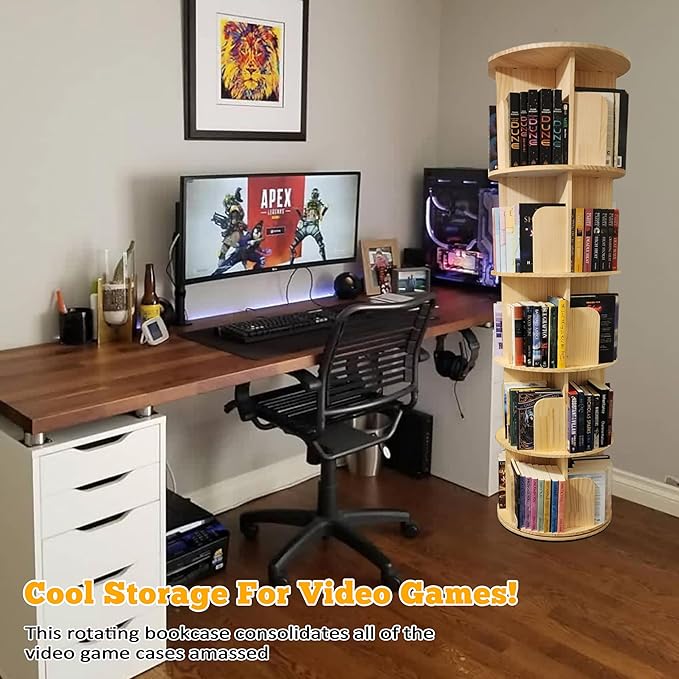 5 Tier Rotating Bookshelf Tower 360 Display Spinning Bookshelf Tower Floor Standing Bookcase Storage Rack Revolving Bookcase Wood Narrow Round Book Shelf Rotating Storage Organizer for Bedroom