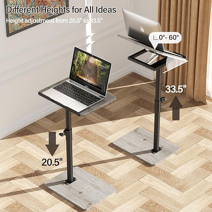 Sofa Armrest Tray Table for Couch - 360° Swivel Height Adjustable End for Small Spaces, Snack Side Table for Bed or Chair with Phone & Tablet Slot (Gray,Angle Adjustable)