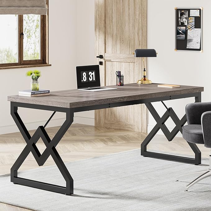 Tribesigns 63 Inch Executive Desk, Large Office Computer Desk with Extra Thick Wooden Tabletop and Metal Frame, Modern Simple Workstation Writing Table Study Desk for Home Office, Gray