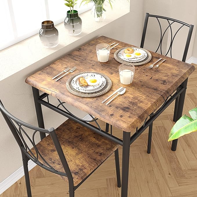 CABIHOME Dining Table Set for 2, 3 Piece Kitchen Table Set for 2, Square Kitchen Table Set of 2, Dining Table Set for Small Space, Apartment, Dining Room, Retro Brown