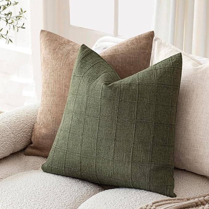 Foindtower Set of 2 Decorative Linen Check Throw Pillow Covers Neutral Farmhouse Vintage Cushion Covers Modern Boho Home Decor for Sofa Chair Couch Bedroom Living Room Outdoor,18×18 Inch,Olive Green