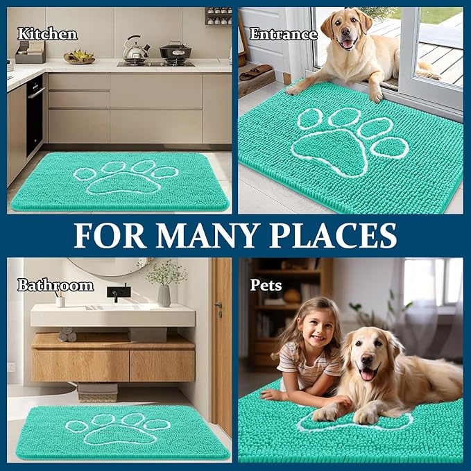 OLANLY Door Mat for Muddy Dog Paws 36x24, Ultra Absorbent Chenille Mud Doormat with Paw Print Design, Non-Slip Washable Doormat for Indoor Entryway, Quick-Dry Pet Bed Mats for Dirty Dogs, Teal