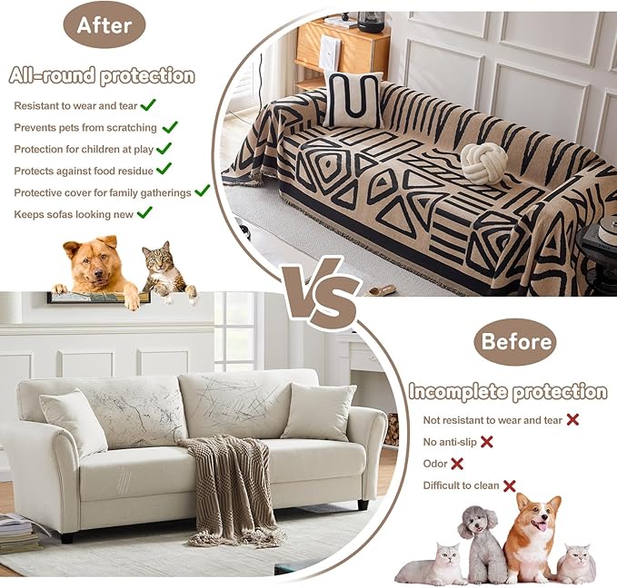 HANDONTIME Boho Geometric Couch Covers for Sofa Pet Friendly Taupe and Black Sofa Covers Washable Chenille Couch Blanket Cover for 3 4 Cushion Couches Pet Protector Furniture Cover Soft, 71" X 150"