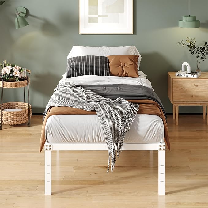 16 Inch White Twin Bed Frames No Box Spring Need, Metal Platform Bed Frame Twin Size Heavy Duty Mattress Foundation, Eassy Assembly 2,500 lbs Steel Slats Support