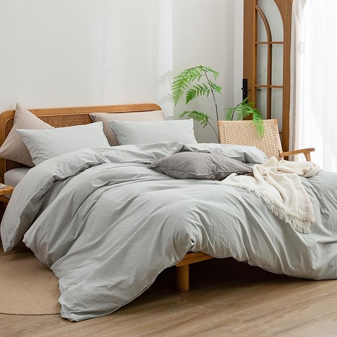 BESTOUCH Duvet Cover Set 100% Washed Cotton Linen Feel Super Soft Comfortable Chic Lightweight 3 PCs Home Bedding Set Solid Northern Droplet Grey Oversized King