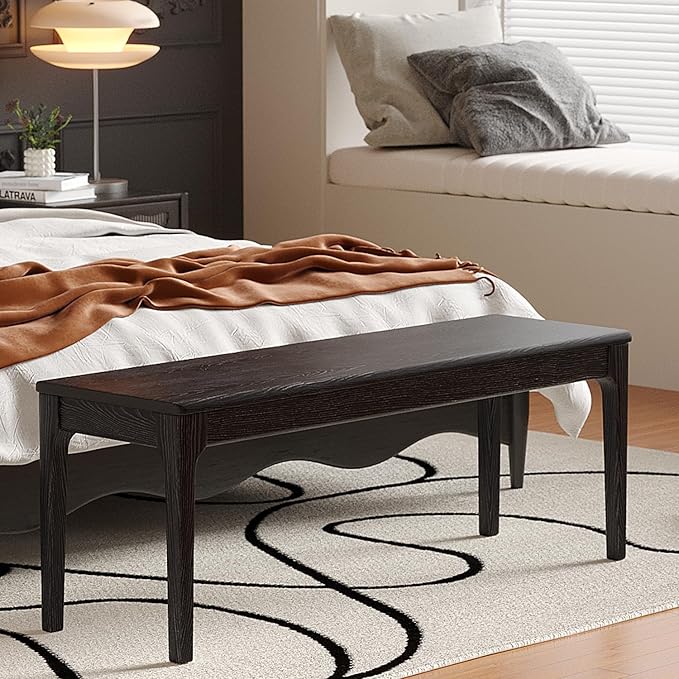 Dining Bench, Wood Bench Solid Oak Wooden Bench Indoor Dining Room Table Home Bedroom Bed End Restaurant Modern Hallway Furniture (Black, 31.5" W x 13.8" D x 17.7" H)