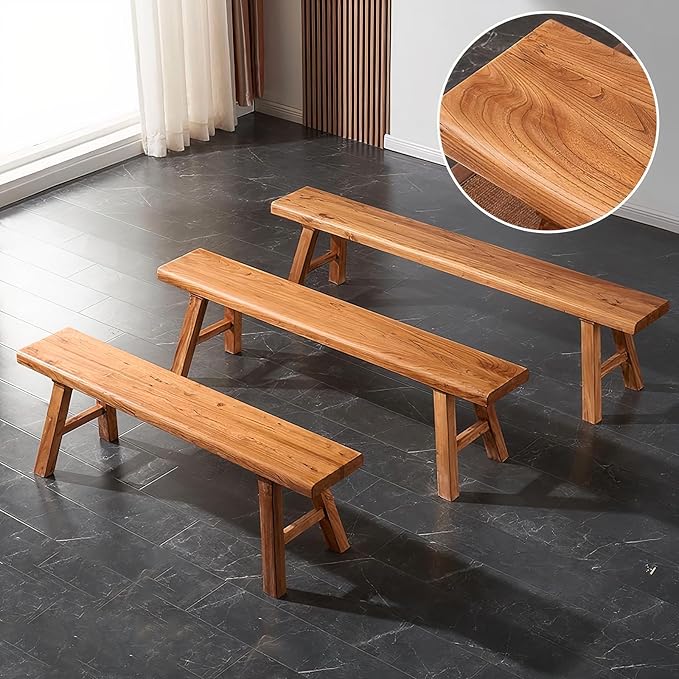 Farmhouse Wood Bench Indoor - 47.1Inch entryway Bench, Natural Solid Wood, Durable and Sturdy, Suitable for Dining Room, Bedroom, Porch and Other Narrow Spaces