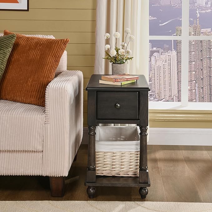LEEMTORIG Solid Wood End Table Narrow Side Table with Drawer, Cherry Wood End Table Living Room, 13" W Slim Bedside Table Small Nightstand, 22" D x 22.7" H, No-Tools Assembly, Rustic Black BBJ-004-BK