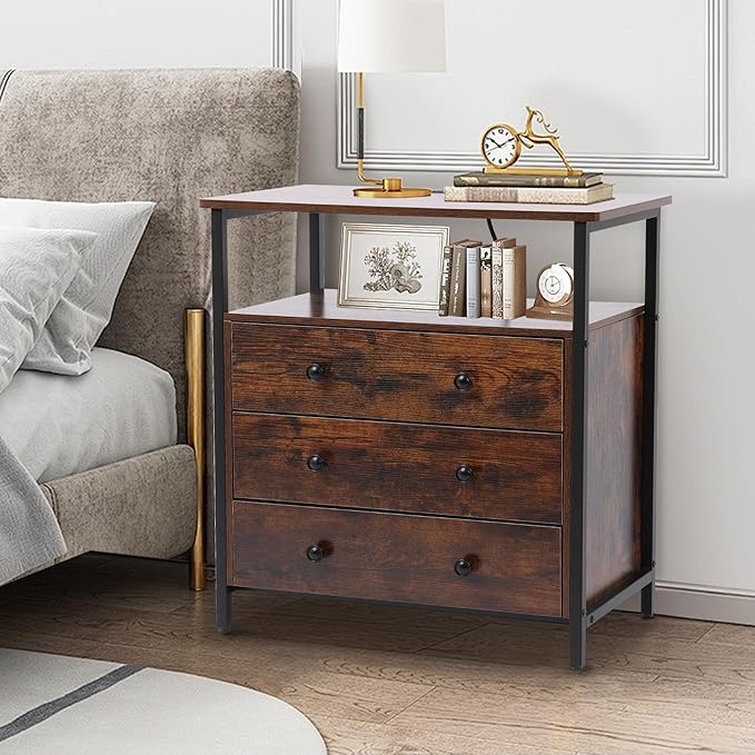 3 Wooden Drawers Nightstand, 27 Inch Wide Night Stand Set 2 with Charging Station and Adjustable Drawers, Bedside Table for Living Room/Bedroom/Office, Retro Brown.