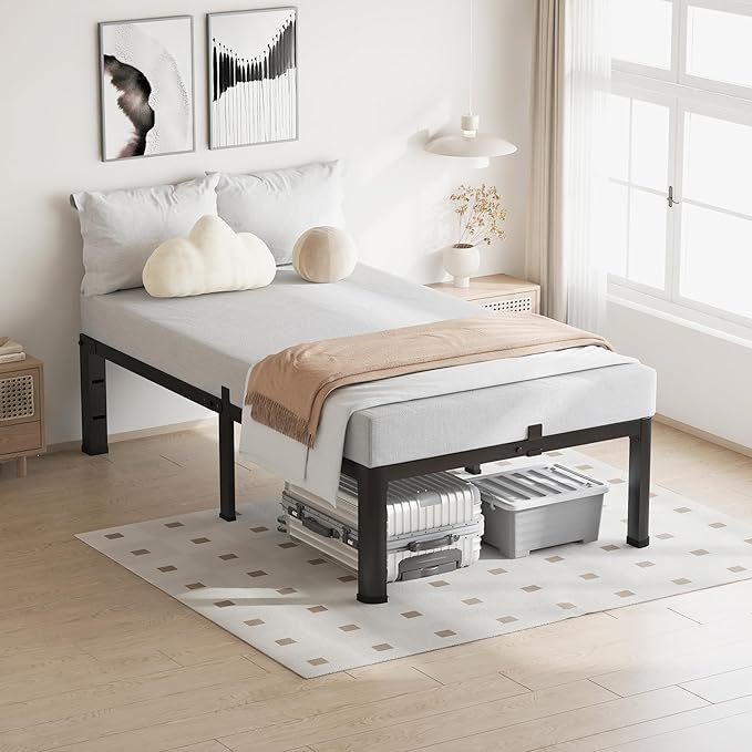 14 Inch Twin XL Bed Frame, 3500Lbs Heavy Duty Metal Platform with Round Corner Legs Mattress Slide Stopper, Steel Slat Support No Box Spring Needed, Noise Free, Non-Slip, Easy Assembly