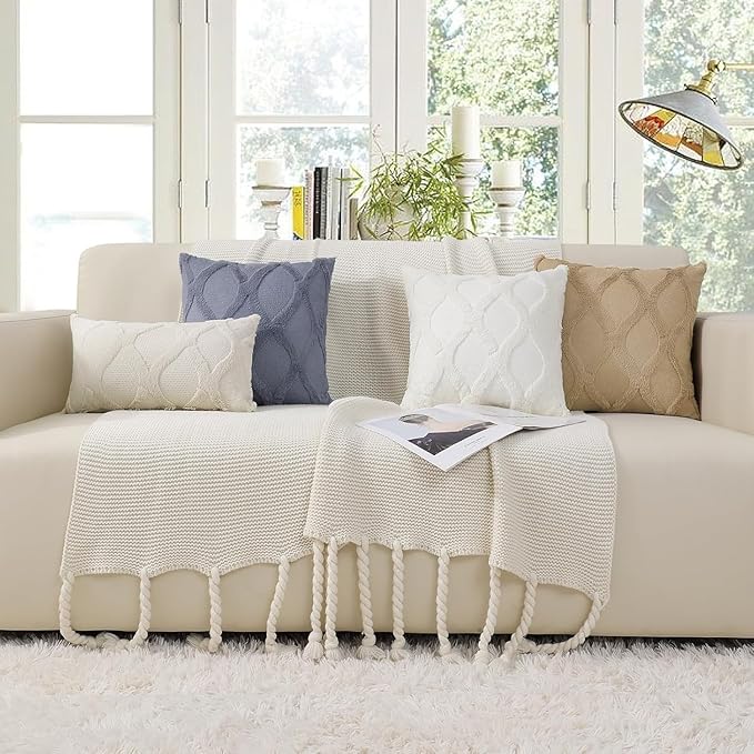 decorUhome Throw Pillow Covers 12x20 Inch Set of 2, Soft Plush Faux Fur Wool Lumbar Blue Grey Couch Pillow Covers, Decorative Neutral Pillow Cases for Bed Sofa Living Room Home Decor