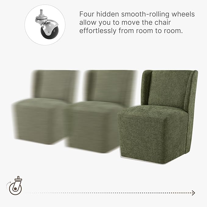 Upholstered Dining Chair with Casters Wingback Modern Side Armless Deskchair with Rollers for Diningroom Bedroom Livingroom Reading Room,Green,1 Box