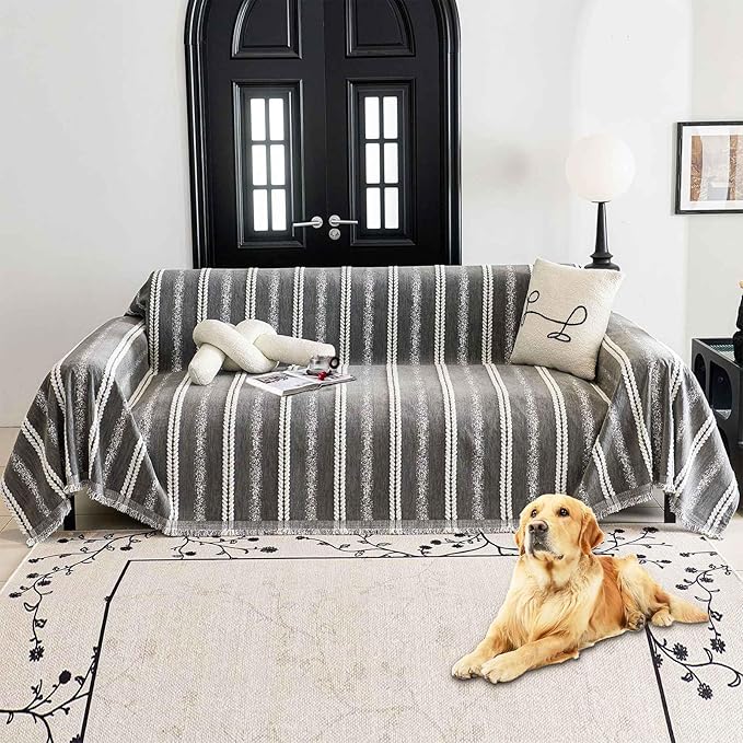 Couch Cover for Dogs Washable Sofa Cover, Sectional Couch Covers, Sofa Covers for 2 Cushion Couch, Non Slip Stripe Sofa Slipcovers Furniture Protector, Couch Protector from Cat Claws, Grey,75''x150''