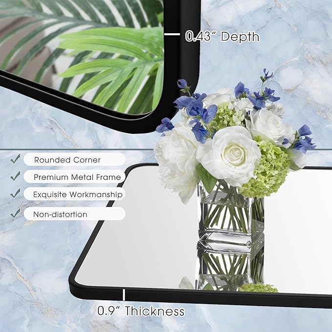 20x40 Inch Rectangle Bathroom Mirror with Black Metal Frame, Rounded Corner Rectangular Vanity Mirror for Wall, Modern Large for Bedroom, Living Room, Horizontal or Vertical