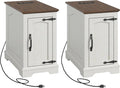End Tables Set of 2 with Charging Station,13.8" W Narrow Side Table with Storage for Sofa Couch or Bed Side with Outlets & USB Ports, Farmhouse Wooden Nightstand for Bedroom Livingroom