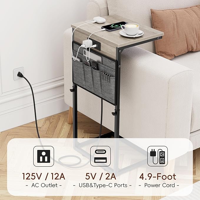 Vagusicc C Shaped End Table with Charging Station, 33" Tall Side Table for Couch, C Table Adjustable Height Small Couch Side Table, Slide Under Sofa Table TV Tray Arm Table for Living Room, Greige