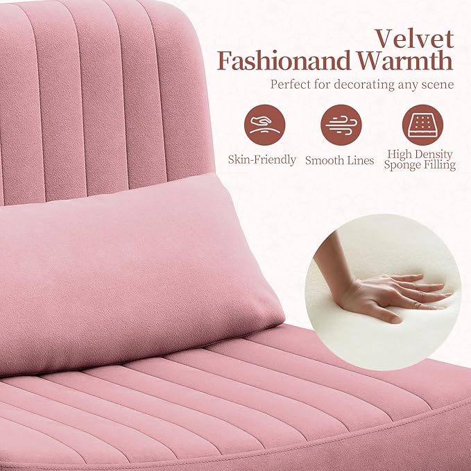 Warmiehomy Criss Cross Office Chair with Wheels, Velvet Cross-Legged Desk Chairs for Home, Height Adjustable Swivel Wide Seat Computer Chair, Modern Armless Vanity Chair for Girls Women, Rose Pink