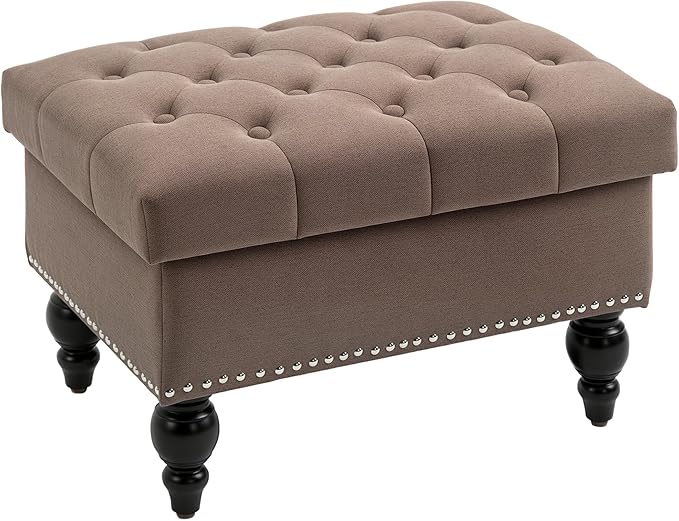 HOMCOM Ottoman with Storage for Living Room, 25" Storage Ottoman with Removable Lid, Button-Tufted Fabric Bench for Footrest and Seat with Wood Legs, Coffee