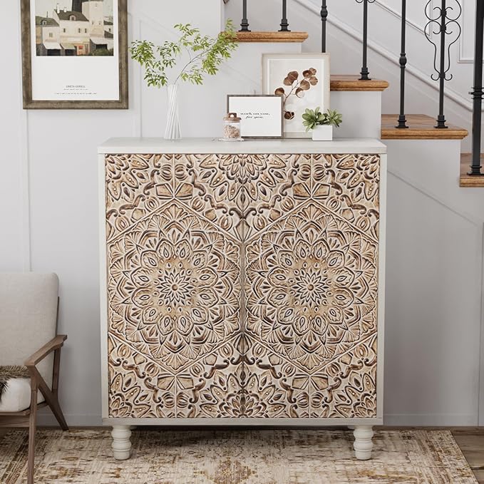 COSIEST 32" W Sideboard Buffet Cabinet with Storage, Accent Cabinet with 2 Push-to-Open Magnetic Doors, Vintage MDF Buffet Table for Living Room, Kitchen, Hallway (Gray,Firework Pattern)