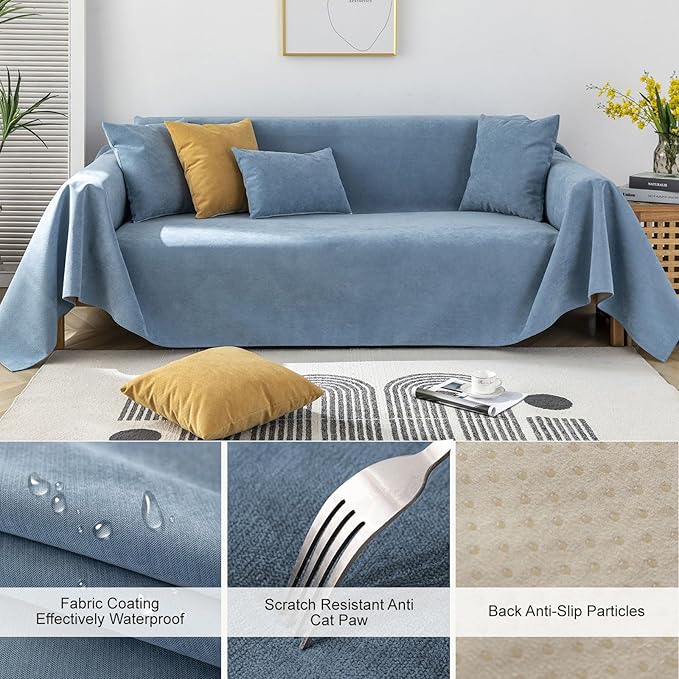 STACYPIK 100% Waterproof Blue Couch Cover for Pets, Sectional L Shape Sofa Cover for 2 Cushion Couch, Anti-Cat Scratch Furniture Protector Cover, Anti Slip Sofa Throw Cover for Dogs Kids-71x102IN