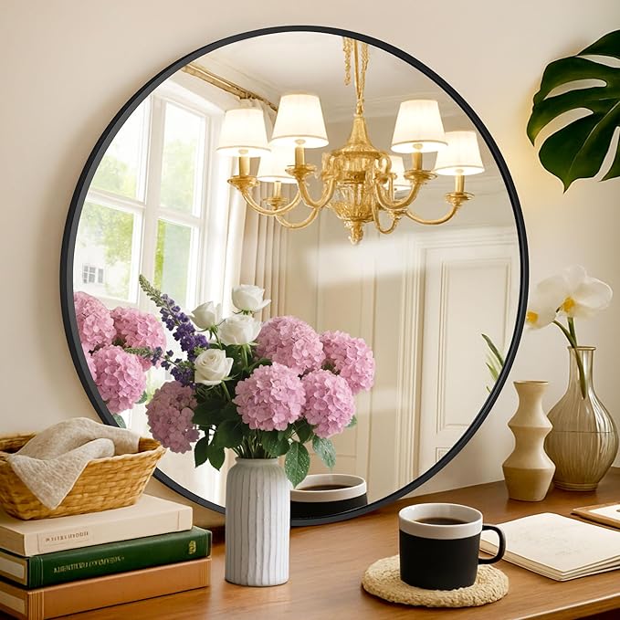 30 Inch Black Round Wall Mirror, Circle Bathroom Mirror with Brushed Metal Frame, Anti-Rust Tempered Glass Vanity Mirror for Bedroom, Entryway, Living Room Farmhouse Decor