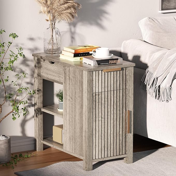 End Table with Charging Station 24'' Nightstand with Charging Station Vintage Side Table with Storage Wooden Sofa Side Table and Outlets Bedside Table for Living Room Office Bedroom (Grey)