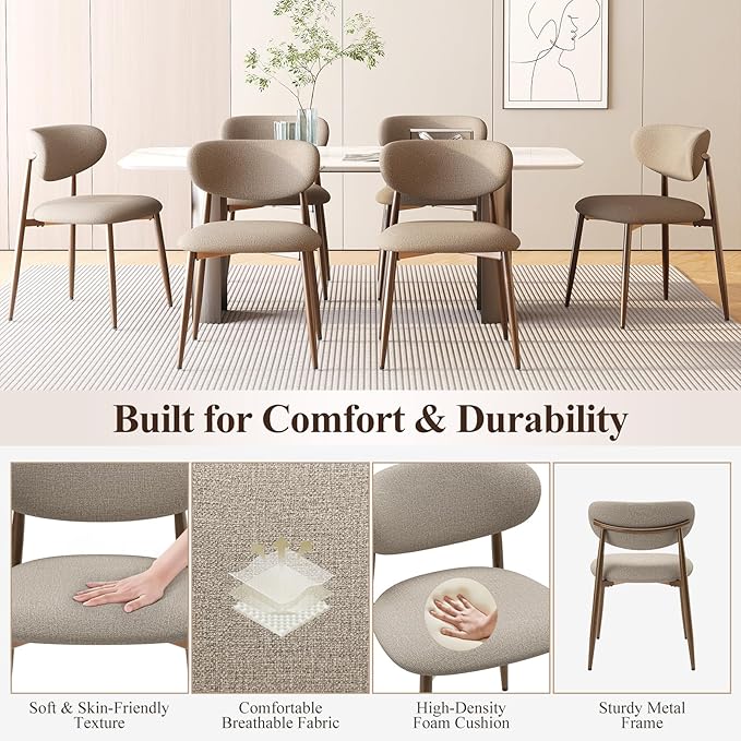 Dining Chairs Set of 6, Ergonomic Fabric Upholstered Seating with Wood Look Metal Legs and Anti Slip Pads, for Home and Restaurant Use, Camel