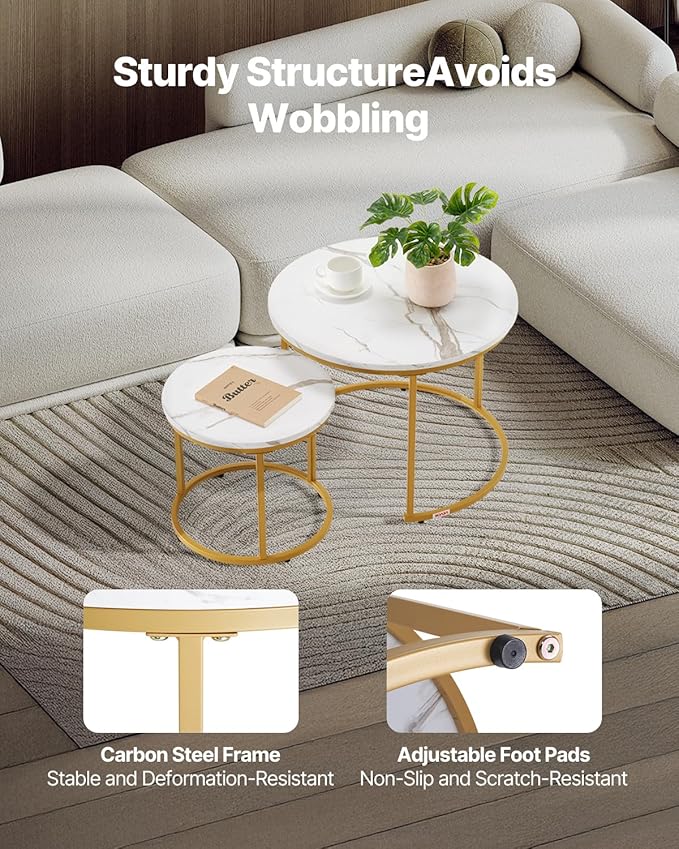 VEVOR Nesting Tables, Coffee Table Set of 2, 23.6 inch Round Coffee Table, Small Coffee Tables Night Stand with Metal Frame, for Living Room, Bedroom, Office (White & Gold)