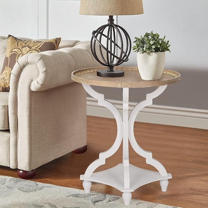 Wnutrees Farmhouse Round Accent End Table, Rustic Side Table Nightstands for Living Room, Wood Tray Top, Handcrafted Finish, White