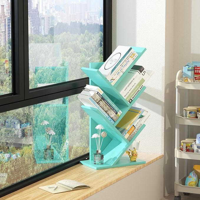 5 Tier Tree Book Shelf, Small Desktop Bookshelf with Storage Organizer, Wood Bookcase, Desk Display Bookshelves, Floor Standing Organizer Bookcases for Living Room,Bedroom,Office-Green