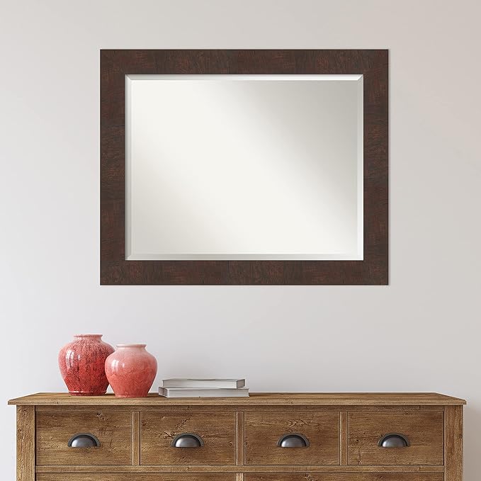 Amanti Art Brown Bathroom Mirror for Over Sink, 27x33 Wildwood Brown Rectangle Vanity Mirror, Large Rustic Farmhouse Frame, Hangs Horizonally and Vertically, Bathroom Wall Decor, Beveled Edge