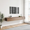 POVISON Fully-Assembled Minimalist Floating TV Stand, Modern Wall-Mounted Entertainment Center with 3 Flip-Down Cabinet Doors, Solid Wood Media Console, 70.87"