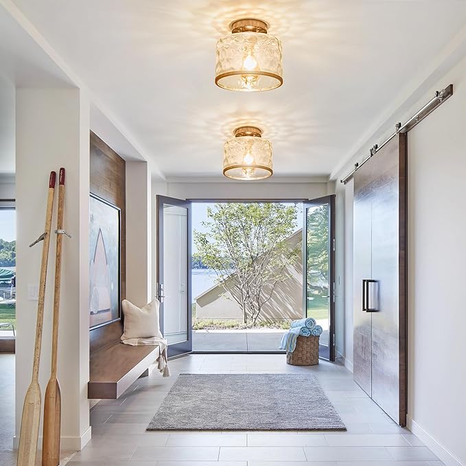 Modern Semi Flush Mount Ceiling Light with Industrial Clear Hammered Glass Lampshade, Farmhouse Ceiling Lights fixtures in Satin Nickel for Hallway Kitchen Bathroom Bedroom