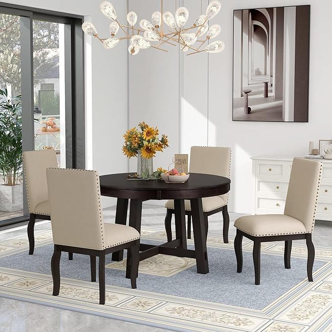 5 Pieces Dining Table Set with 43" Round Extendable Desk,Living Room Furniture W/ 4 Upholstered Curved Legs Chairs,for Restaurant,Home Bistro,Espresso