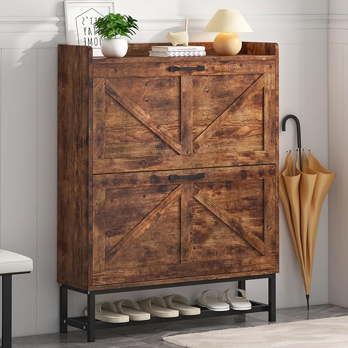 JSB Shoe Cabinet with 2 Flip Drawers, Freestanding Storage Organizer Shelf with Metal Legs, Narrow Shoe Rack Cabinet for Entryway (Rustic Brown, 2-Drawers)