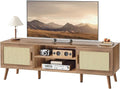 SUPERJARE Boho TV Stand for 65 Inch TV, Entertainment Center with Adjustable Shelf, Rattan TV Console with 2 Cabinets, Media Console, Solid Wood Feet, 4 Cord Holes, for Living Room, Walnut