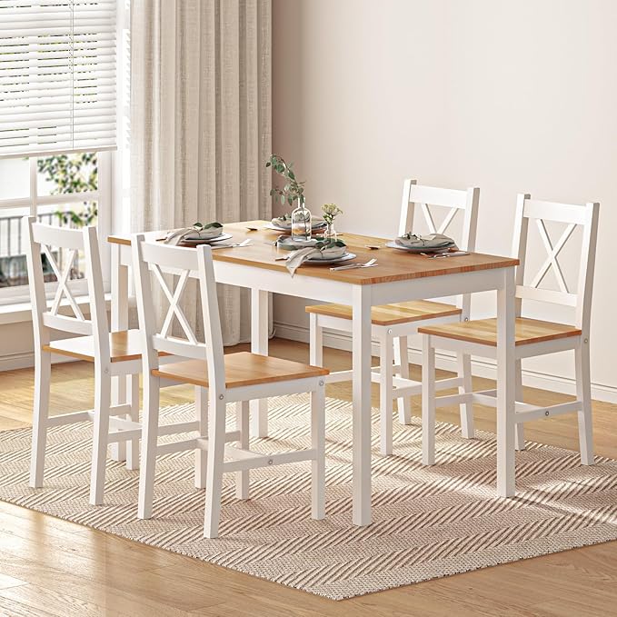 soges Dining Table Set for 4, 42.5 inch Pine Wood Dining Room Table with 4 Chairs, 5-Piece Kitchen Table Chairs Set for Small Space, Apartment, Dinette, Breakfast, White and White