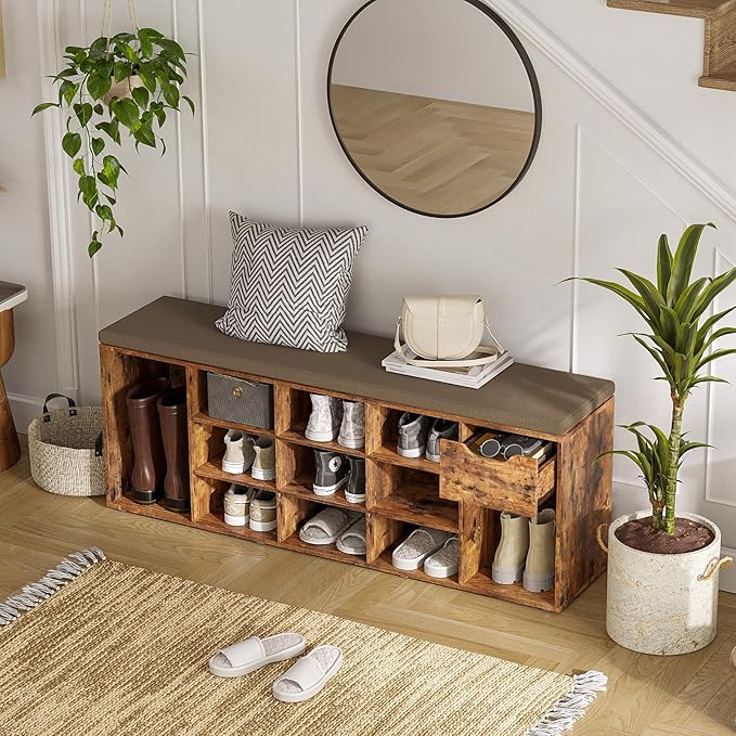 DINZI LVJ Shoe Bench, Entryway Storage Bench with Drawer and 14 Cubbies, Long Cubby Shoe Rack with Adjustable Shelves, Shoe Organizer for Living Room, Bedroom, Mudroom, Garage, Rustic Brown